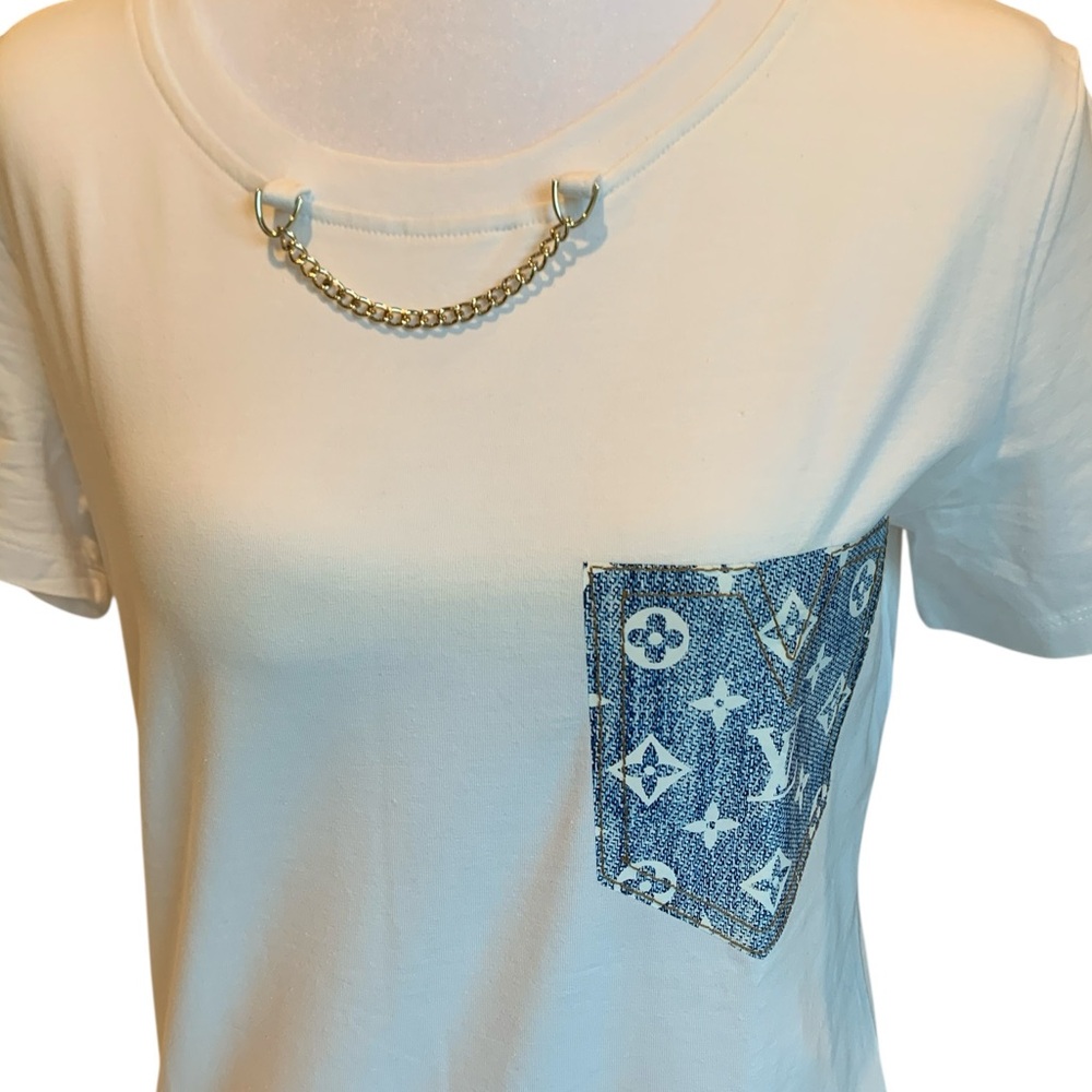 ➰Louis Vuitton Style Logo Jacquard Denim Pocket T-Shirt ➰ - Picture 4 of 9